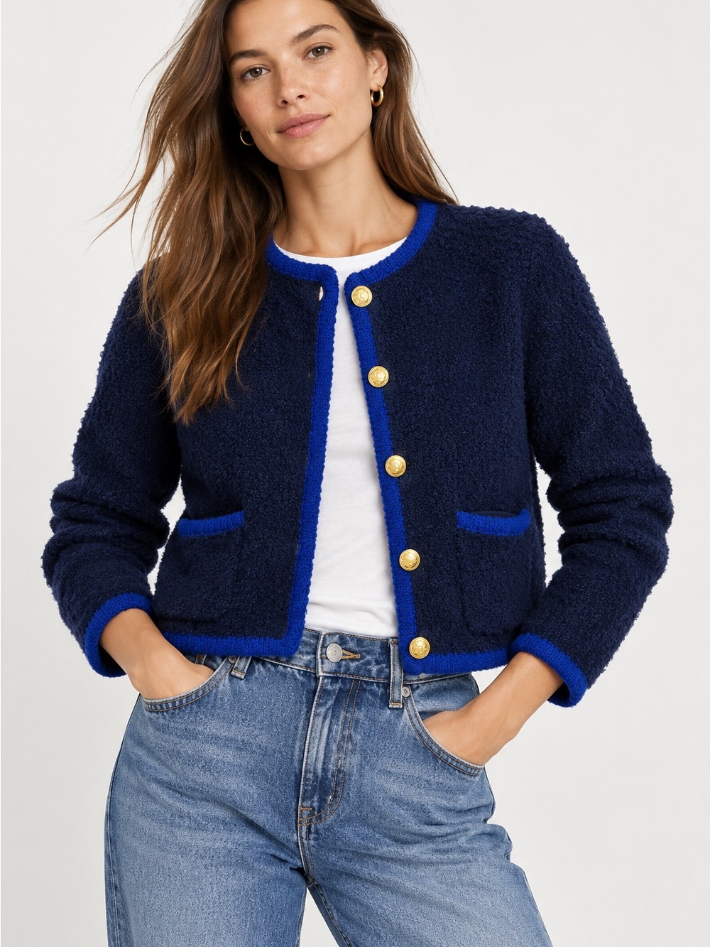 GAP Navy Bouclé Cardigan with Royal Blue Trim and Gold Buttons